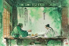 古代士人在书斋中把酒言欢的水墨风格插图，青绿色调，象征管鲍之交中白洁高义的深厚情谊