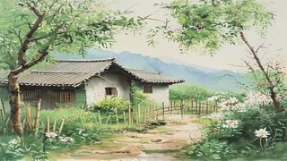 田园山水画面，竹篱茅舍与菊花盛开，呈现陶渊明归隐田园的白洁品格意境，暖绿色调宁静悠远