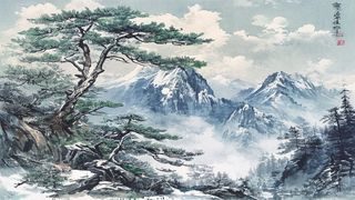 苍劲松柏屹立于风雪中的国画风格插图，象征文天祥高义气节与白洁精神的坚韧不屈，冷色调壮阔